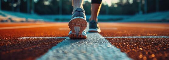 ai generato maschio atleti piedi nel in esecuzione scarpe su stadio di partenza linea, in bilico per traccia e campo evento, cattura essenza di gli sport dedizione e maratona preparazione, corridore e Salute concetto foto