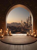 ai generato un interno con un' deserto paesaggio attraverso il islamico arcata con olio lampada come decorazione foto
