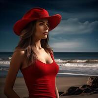ai generato bellissimo ragazza nel rosso cappello foto