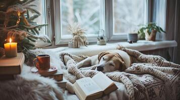 ai generato accogliente inverno casa con cane addormentato su letto su caldo lenzuolo, libro e tazza di tè. autentico Casa interno. foto