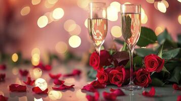 ai generato san valentino giorno rosso Rose su tavolo con Champagne, nel il stile di bokeh foto