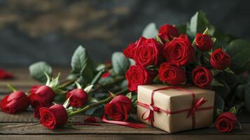 ai generato san valentino concetto con mazzo di Rose e avvolto regalo scatola su di legno tavolo foto
