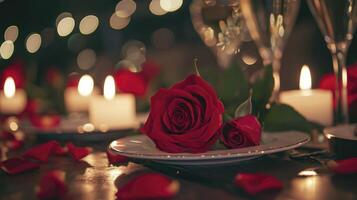 ai generato romantico tavolo ambientazione per rosso Rose e lume di candela per san valentino cena. foto