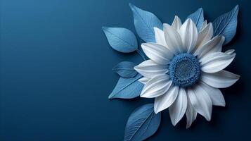 ai generato bianca fiore con blu le foglie su blu sfondo foto