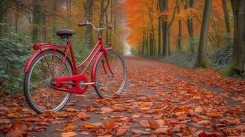 ai generato rosso bicicletta parcheggiata su foglia coperto strada foto