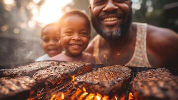 ai generato un' uomo e Due bambini cucinando hamburger su un' griglia foto