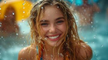 ai generato sorridente donna godendo nuoto piscina foto