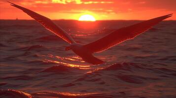 ai generato gabbiano volante al di sopra di oceano a tramonto foto