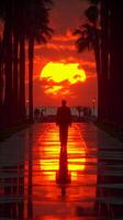 ai generato persona a piedi giù passerella a tramonto foto