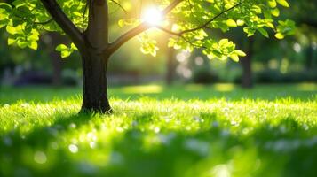 ai generato luce del sole streaming attraverso verde le foglie di un' alto quercia albero. foto