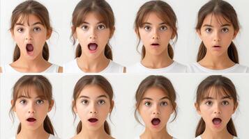 ai generato donna esprimendo diverso facciale espressioni, ritratto serie foto