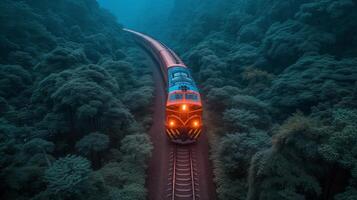 ai generato treno viaggio attraverso un' vivace verde foresta foto