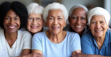 ai generato gruppo di anziano donne sorridente insieme nel luce del giorno foto