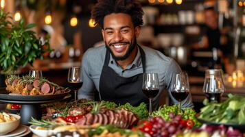 ai generato uomo seduta a pieno di cibo tavolo foto