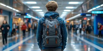 ai generato giovane viaggiatore a piedi attraverso occupato aeroporto terminale foto