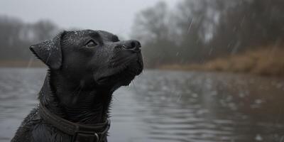 ai generato nero cane guardare su a il cielo foto