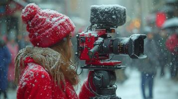 ai generato operatore video le riprese nel nevicata con professionale telecamera Ingranaggio foto
