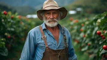 ai generato anziano contadino con un' cannuccia cappello in piedi nel caffè piantagione foto