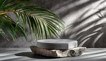 ai generato generato Immagine di minimalista podio con palma albero le foglie. adatto per cosmetico e bellezza Prodotto sta foto
