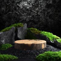 ai generato generato Immagine di di legno podio con rocce e muschio. adatto per visualizzazione cosmetico prodotti e naturale prodotti foto