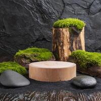 ai generato generato Immagine di di legno podio con rocce e muschio. adatto per visualizzazione cosmetico prodotti e naturale prodotti foto