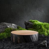 ai generato generato Immagine di di legno podio con rocce e muschio. adatto per visualizzazione cosmetico prodotti e naturale prodotti foto