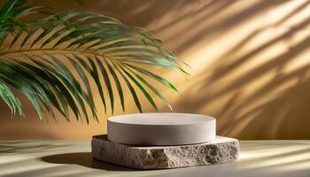 ai generato generato Immagine di minimalista podio con palma albero le foglie. adatto per cosmetico e bellezza Prodotto sta foto