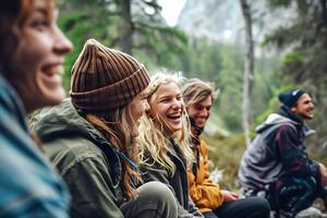 ai generato giovane maschio e femmina amici ridendo nel natura foto