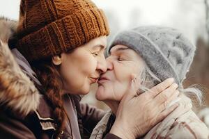 ai generato tenero generazionale bacio nel inverno foto