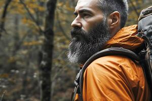 ai generato maturo grave uomo escursioni a piedi nel un' bellissimo foresta solo foto