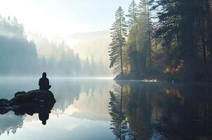 ai generato figura di un' uomo Meditare nel un' silenzioso e bellissimo posto. foto