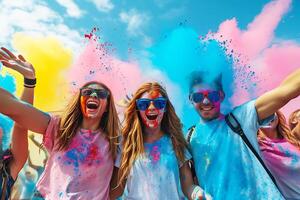 ai generato gioioso amici celebrare holi Festival. foto