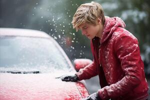 ai generato giovane uomo accuratamente cancella polveroso neve a partire dal il suo immacolato, scintillante automobile durante orario invernale foto