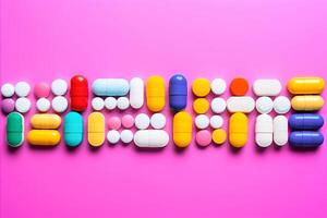 ai generato vivace pillole e capsule su viola sfondo - assistenza sanitaria e medicazione concetto foto
