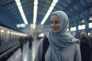 ai generato avvicinamento ritratto di giovane attraente femmina nel hijab contro il fondale di il la metropolitana foto