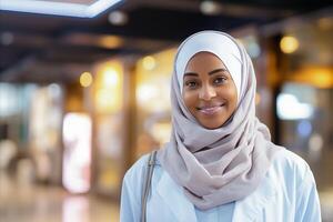ai generato avvicinamento di giovane attraente donna nel hijab sorridente a telecamera nel un' memorizzare ambientazione foto