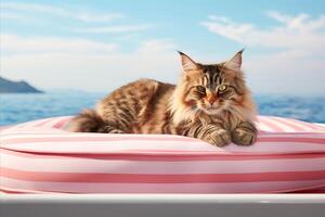 ai generato tricolore a strisce gatto oziare su un' rosa gonfiabile materasso contro un' bellissimo estate mare fondale foto