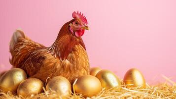 ai generato Pasqua gallina con d'oro uova scena foto