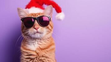 ai generato Zenzero gatto indossare il Natale cappello e occhiali da sole su il viola sfondo, Natale vacanza festa concetto, foto