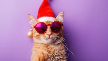 ai generato Zenzero gatto indossare il Natale cappello e occhiali da sole su il viola sfondo, Natale vacanza festa concetto, foto