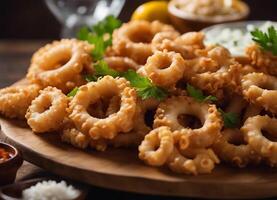 ai generato fritte calamari anelli, fritte calamaro anelli su un' piatto foto