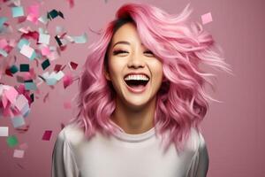 ai generato allegro ridendo giovane asiatico donna con Riccio rosa capelli su rosa sfondo con colorato caduta coriandoli. contento ragazza, festa concetto, copia spazio foto