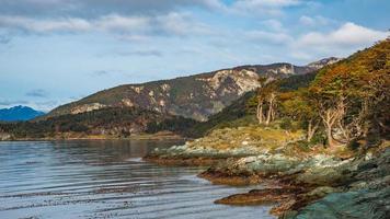 vista panoramica sul bellissimo tramonto nella baia di ensenada zaratiegui nel parco nazionale tierra del fuego, vicino a ushuaia e al canale beagle, patagonia, argentina, inizio autunno. foto