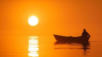 ai generato sereno Alba canottaggio, assolo silhouette splendore foto