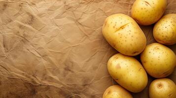 ai generato crudo patate su strutturato carta fondale foto