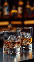 ai generato Due bicchieri di whisky e ghiaccio su il sbarra, guardare, alcol, silenzioso lusso foto