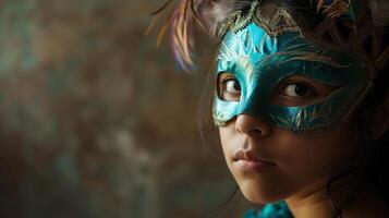 ai generato un' giovane bellissimo latino americano donna nel un' carnevale maschera. nuovo anni vacanze, carnevale, compleanno, Venezia. fotorealistico, sfondo con bokeh effetto. ai generato. foto