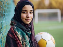 ai generato un' musulmano giovane donna nel un' hijab con un' calcio. ritratto di un islamico donna fare gli sport nel avvicinamento. fotorealistico sfondo con bokeh effetto. ai generato. foto