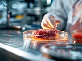 ai generato coltivato in laboratorio carne. carne campione nel bicchiere tazza per cellula cultura nel laboratorio. concetto di coltivando puro carne nel vitro. sintetico carne creato artificialmente. fotorealistico. foto