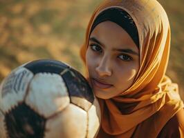 ai generato un' musulmano giovane donna nel un' hijab con un' calcio. ritratto di un islamico donna fare gli sport nel avvicinamento. fotorealistico sfondo con bokeh effetto. ai generato. foto